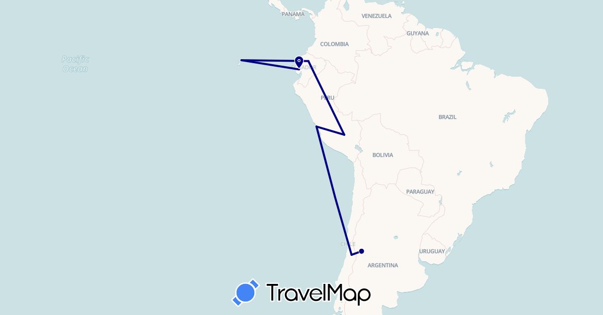 TravelMap itinerary: driving in Argentina, Chile, Ecuador, Peru (South America)